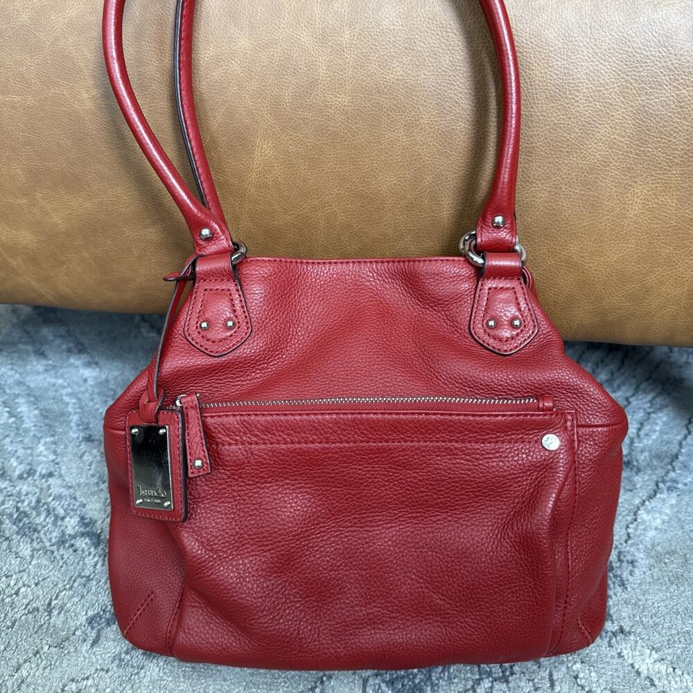 Tignanello Red Pebbled Shoulder Bag Zip Closure Lined Outer Pockets Silver
